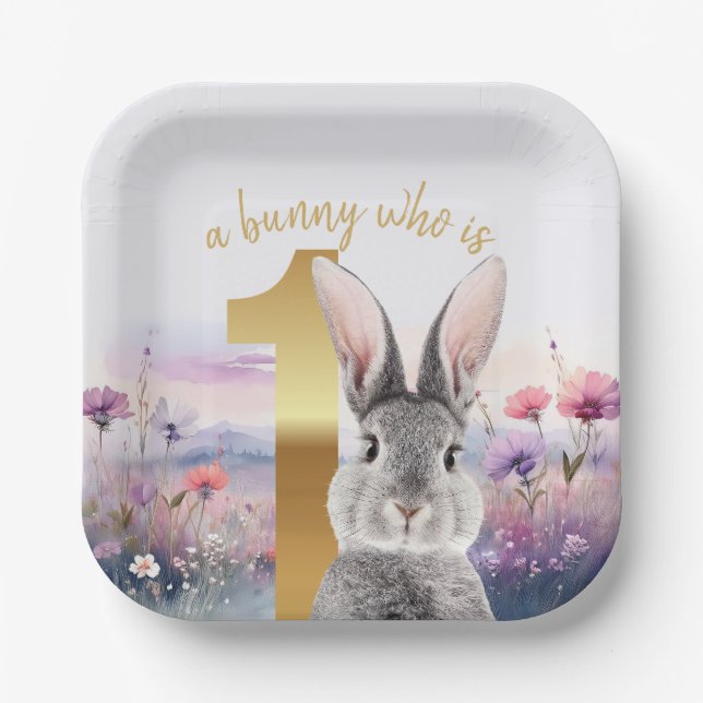 First Birthday Gray Rabbit with Wildflowers Paper Plate (Front)