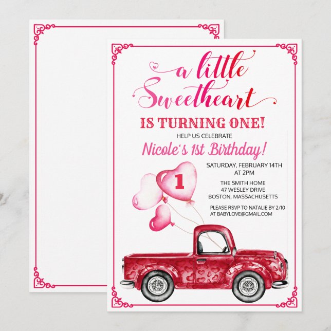 First Birthday Hearts Balloon Red Truck Invitation (Front/Back)