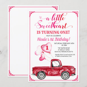 First Birthday Hearts Balloon Red Truck Invitation