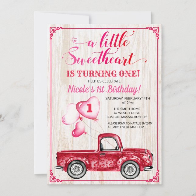 First Birthday Hearts Balloon Truck Invitation (Front)
