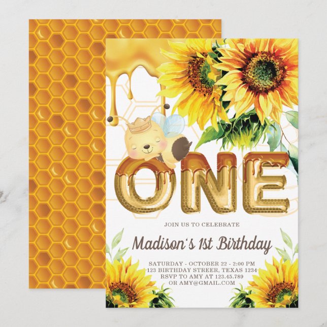 First Birthday Honey Bee Birthday Sunflower  Invitation (Front/Back)