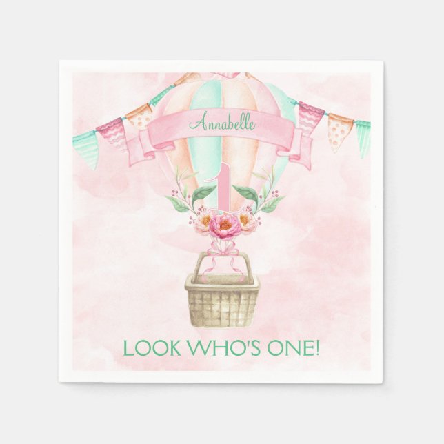 First Birthday Hot Air Balloon Mint Pink Peach Napkin (Front)