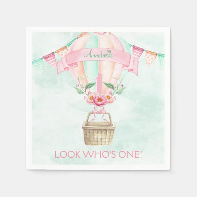 First Birthday Hot Air Balloon Mint Pink Peach Napkin (Front)