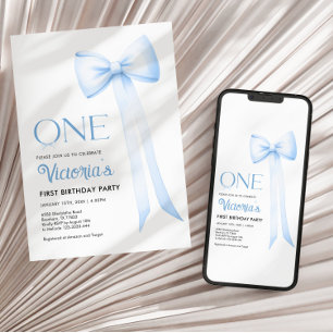 First Birthday Invitation, Blue Coquette Bow 1st Invitation