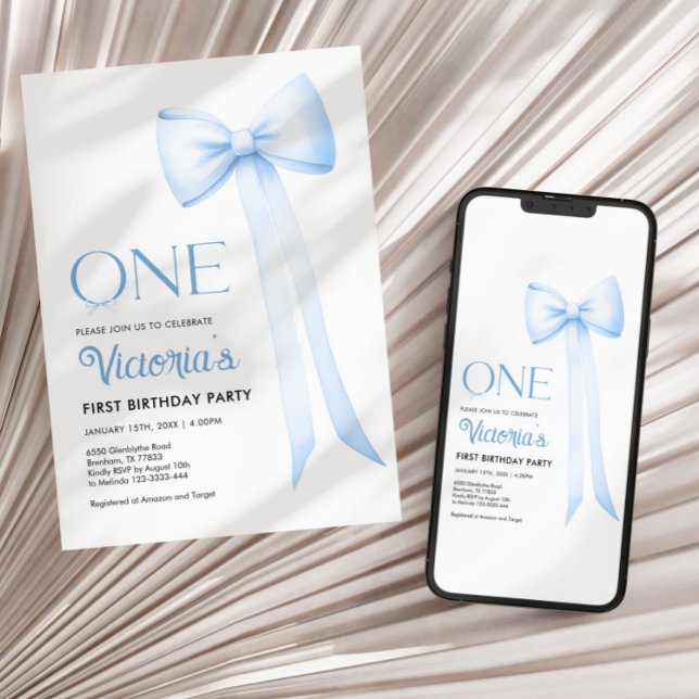 First Birthday Invitation, Blue Coquette Bow 1st Invitation (Creator Uploaded)