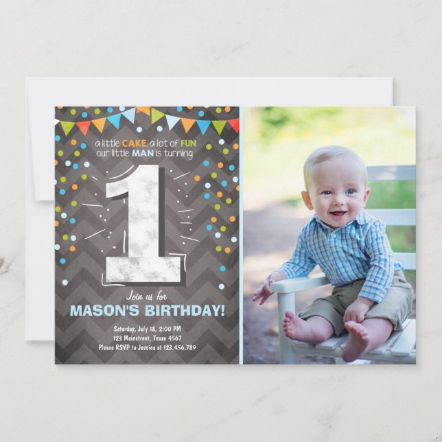 First Birthday Invitation boy One Chalk Green blue (Front)