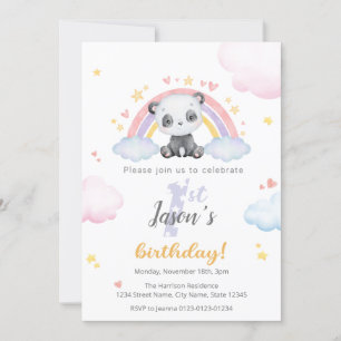 First Birthday Invitation - Cute Panda w/ Rainbow