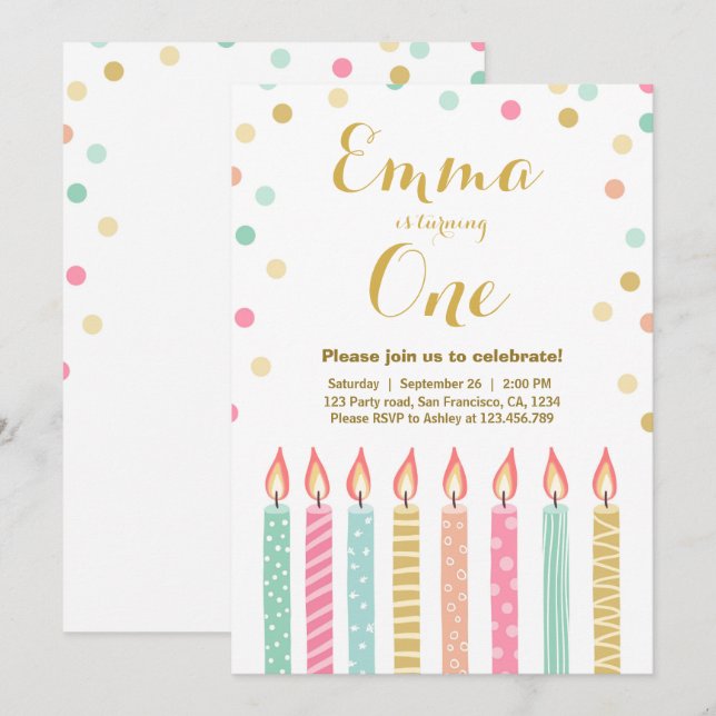 First birthday invitation Girl Confetti Candles (Front/Back)