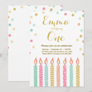 First birthday invitation Girl Confetti Candles