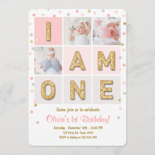 First birthday invitation Girl Pink Gold Confetti