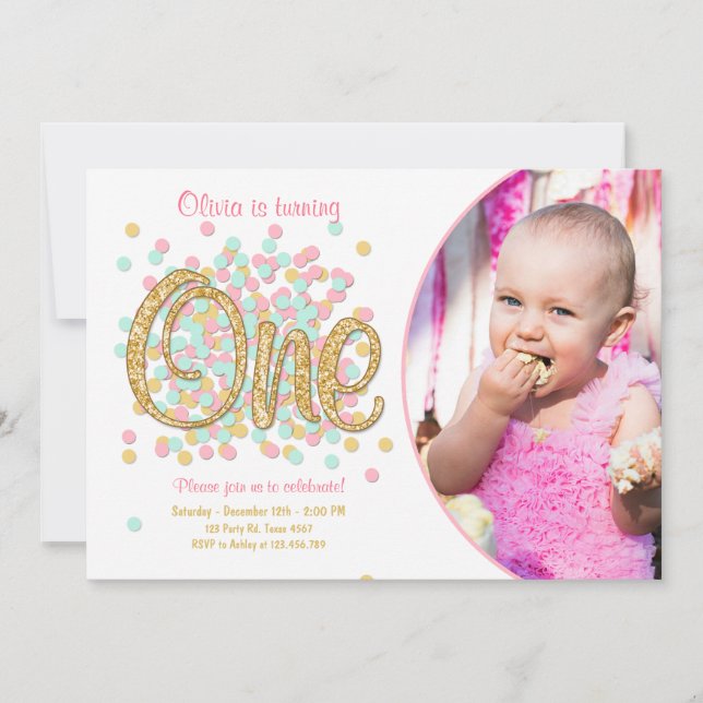 First birthday invitation Girl Pink Gold mint (Front)
