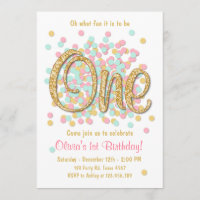 First birthday invitation Girl Pink Gold mint
