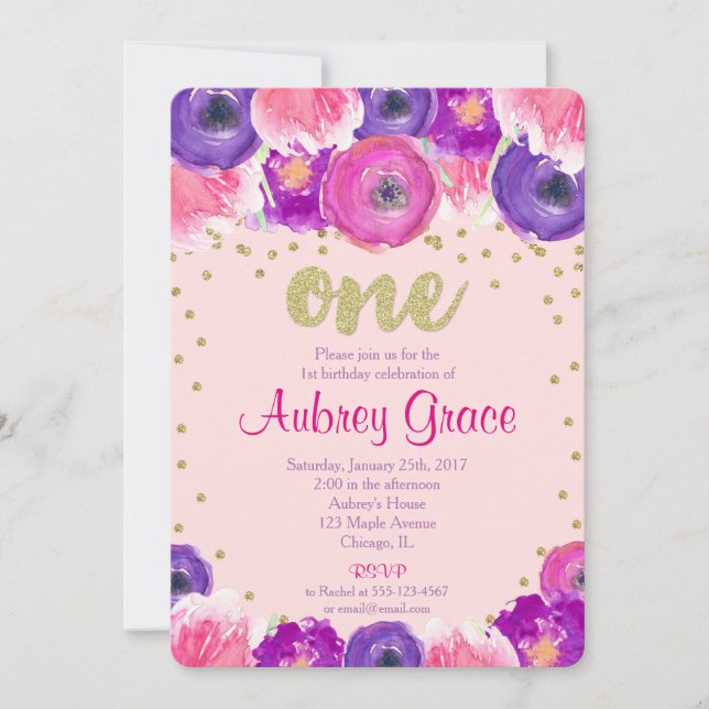 First birthday invitation girl, pink purple gold (Front)