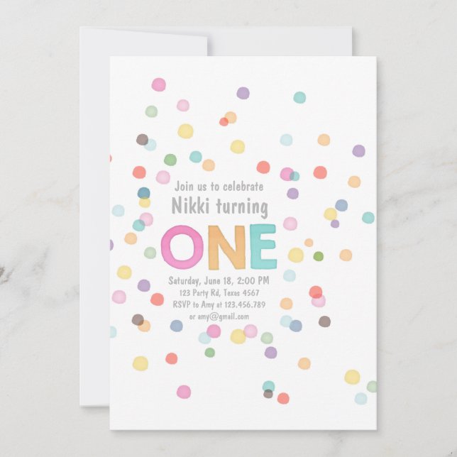 First birthday invitation Girl Watercolor confetti (Front)