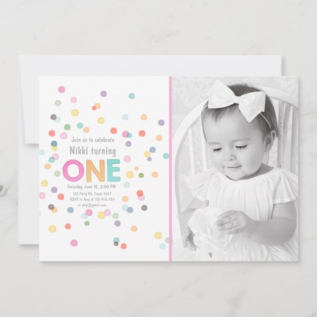 First birthday invitation Girl Watercolor confetti (Front)