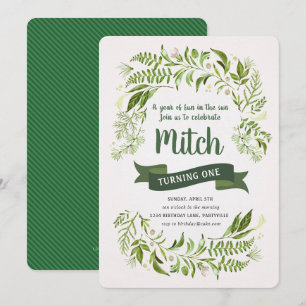 First Birthday Invitation Greenery Banner Nature