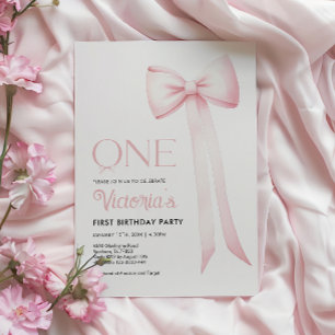 First Birthday Invitation, Pink Coquette Bow 1st Invitation