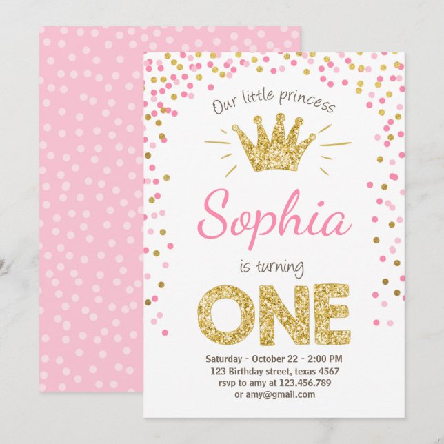 First birthday invitation Princess Gold Pink (Front/Back)
