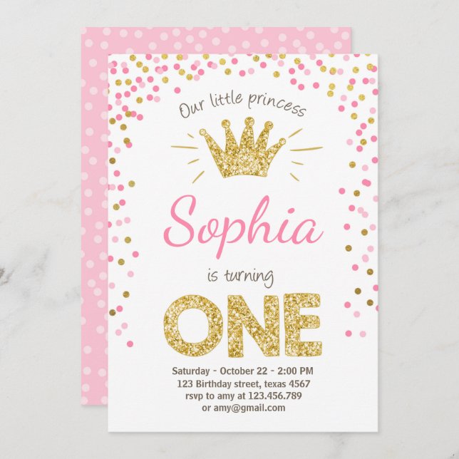 First birthday invitation Princess Gold Pink (Front/Back)