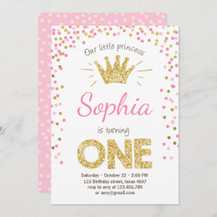First birthday invitation Princess Gold Pink