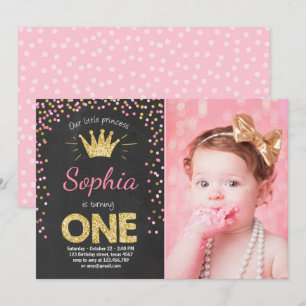 First birthday invitation Princess Gold Pink