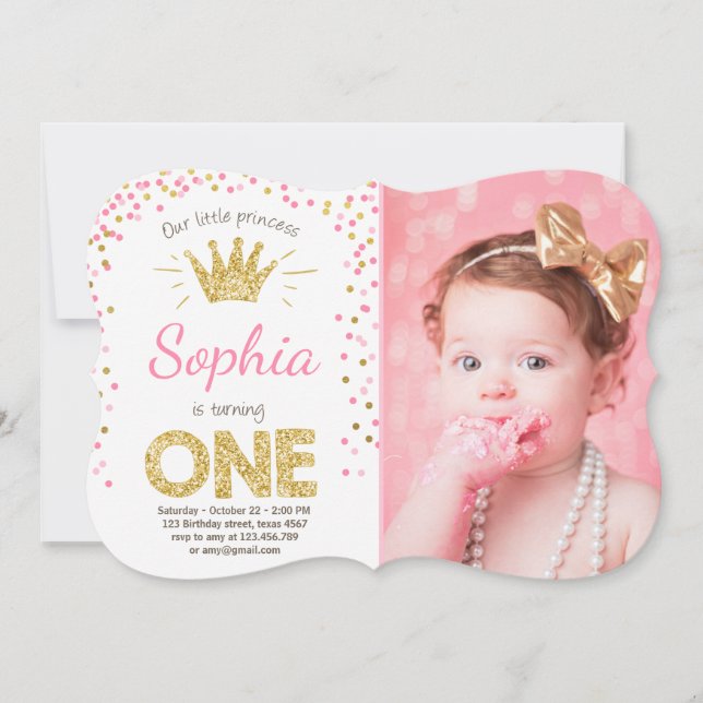 First birthday invitation Princess Gold Pink (Front)