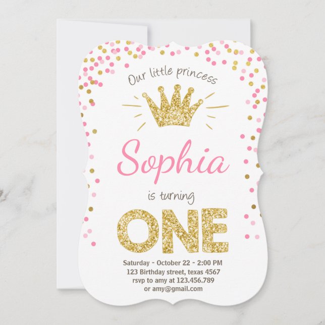 First birthday invitation Princess Gold Pink (Front)