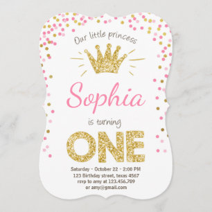 First birthday invitation Princess Gold Pink