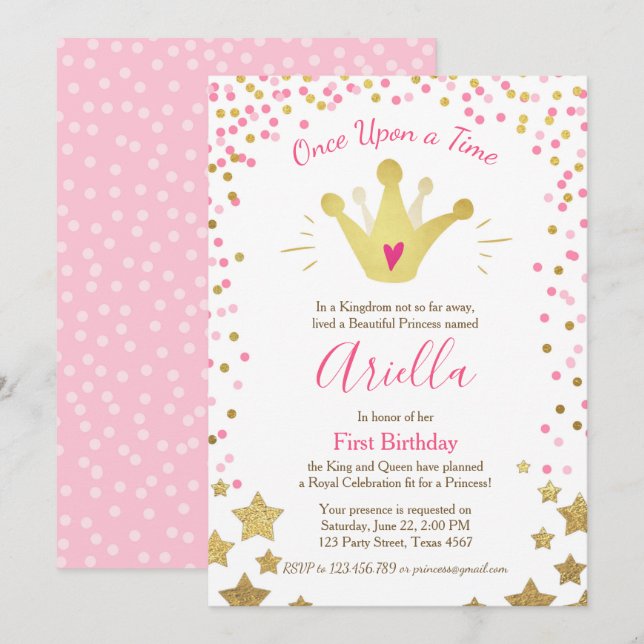 First birthday invitation Princess Gold Pink Crown (Front/Back)