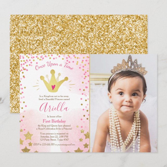 First birthday invitation Princess Gold Pink Crown (Front/Back)