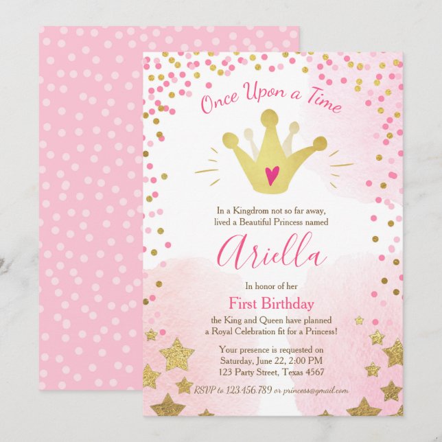 First birthday invitation Princess Gold Pink Crown (Front/Back)