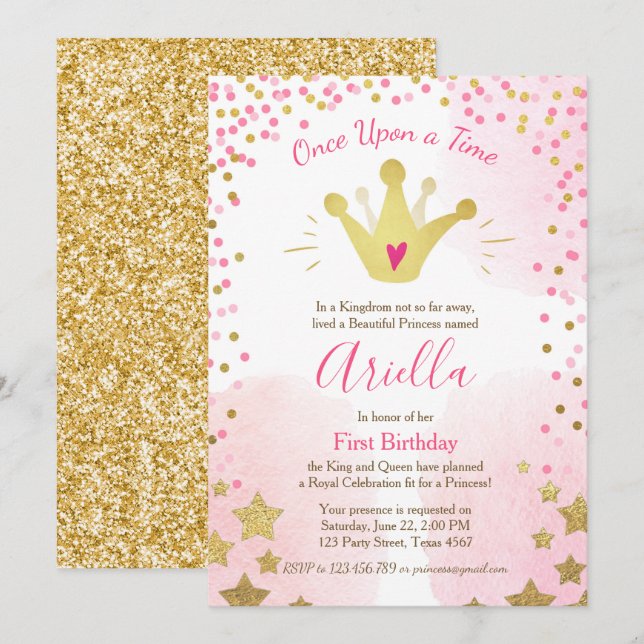 First birthday invitation Princess Gold Pink Crown (Front/Back)
