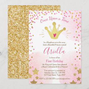 First birthday invitation Princess Gold Pink Crown