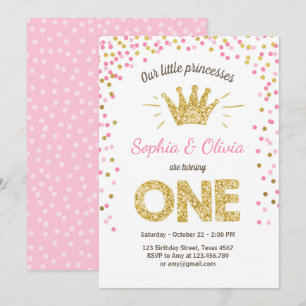 First birthday invitation Princess Gold Pink Twins