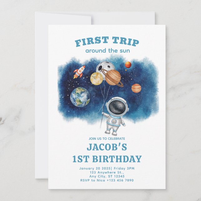 First Birthday Invitation with Outer Space Planet (Front)