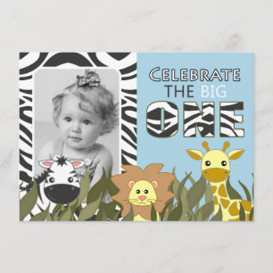 First Birthday Jungle Animal Blue Photo Invite