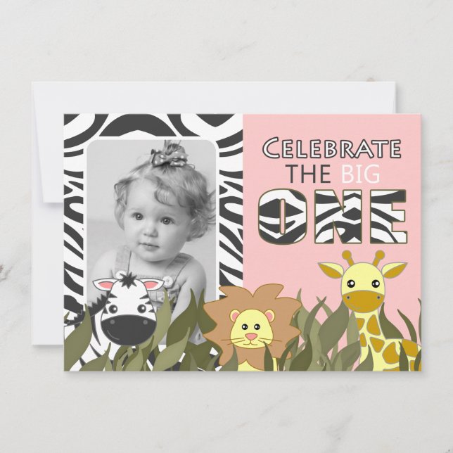 First Birthday Jungle Animal Pink Photo Invite (Front)