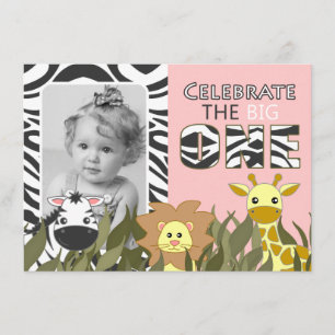 First Birthday Jungle Animal Pink Photo Invite