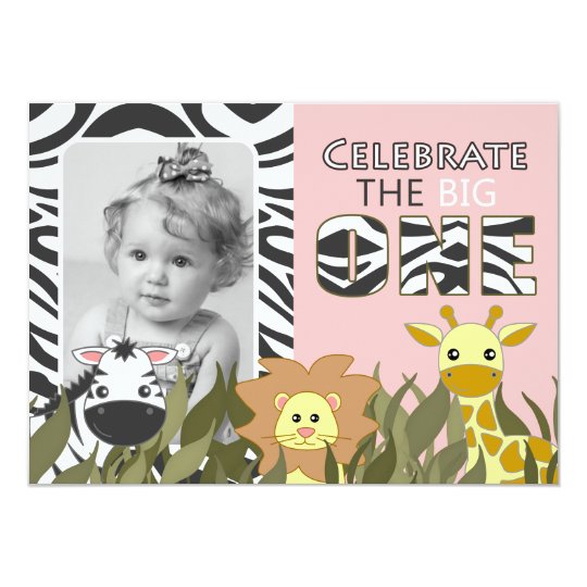 First Birthday Jungle Animal Pink Photo Invite