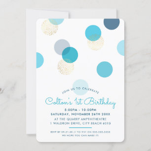 FIRST BIRTHDAY large confetti spots boy blue gold Invitation