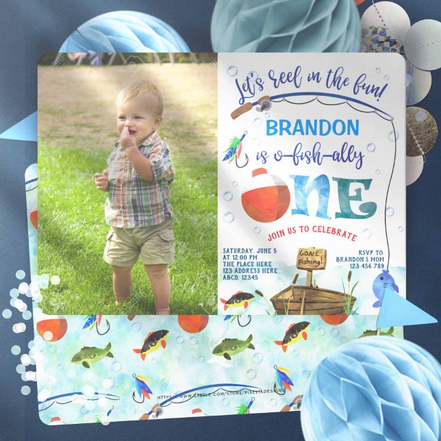 First Birthday Little Fisherman Fishing Photo Invitation (Boy 1st birthday, Fishing themed, o-fish-ally, little fisherman. Birthday photo invitations.)
