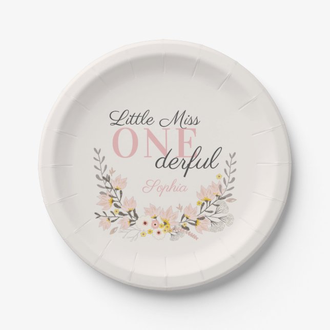 First Birthday little miss one-derful floral Paper Plate (Front)