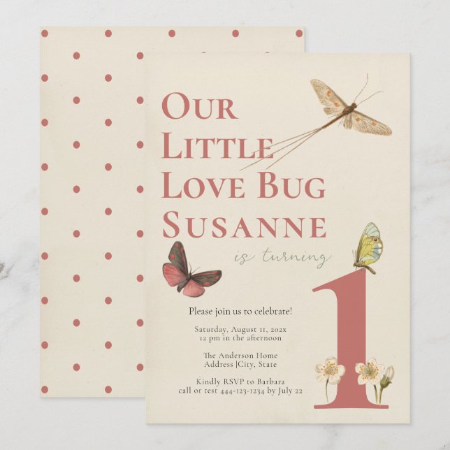 First Birthday Love Bug Baby Girl Invitation (Front/Back)