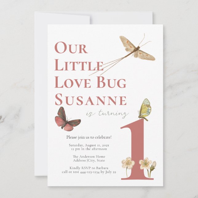 First Birthday Love Bug Baby Girl Invitation (Front)