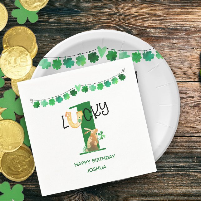 First Birthday Lucky One Shamrock Bunting & Rabbit Napkin (Lucky One First Birthday Party Personalized Napkins)