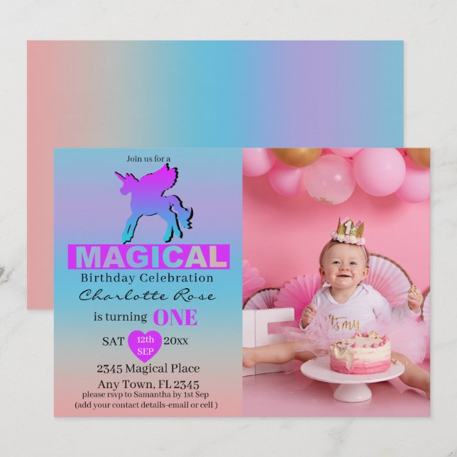 First Birthday Magical Unicorn Pink Blue Invitation (Front/Back)