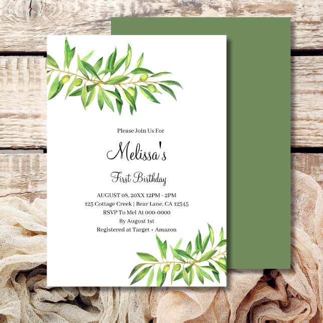 First Birthday Modern Olive Branch Sage Greenery Invitation (Creator Uploaded)