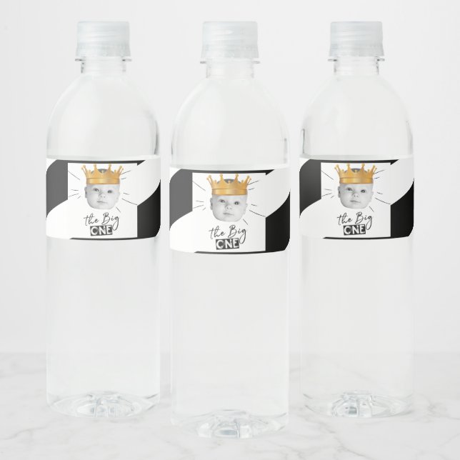 First Birthday Modern Photo Black White Water Bottle Label (Bottles)
