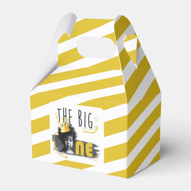 First Birthday Modern Photo Black White Yellow Favour Box (Front Side)