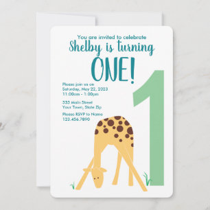 First Birthday Modern Yellow Baby Giraffe Invitation